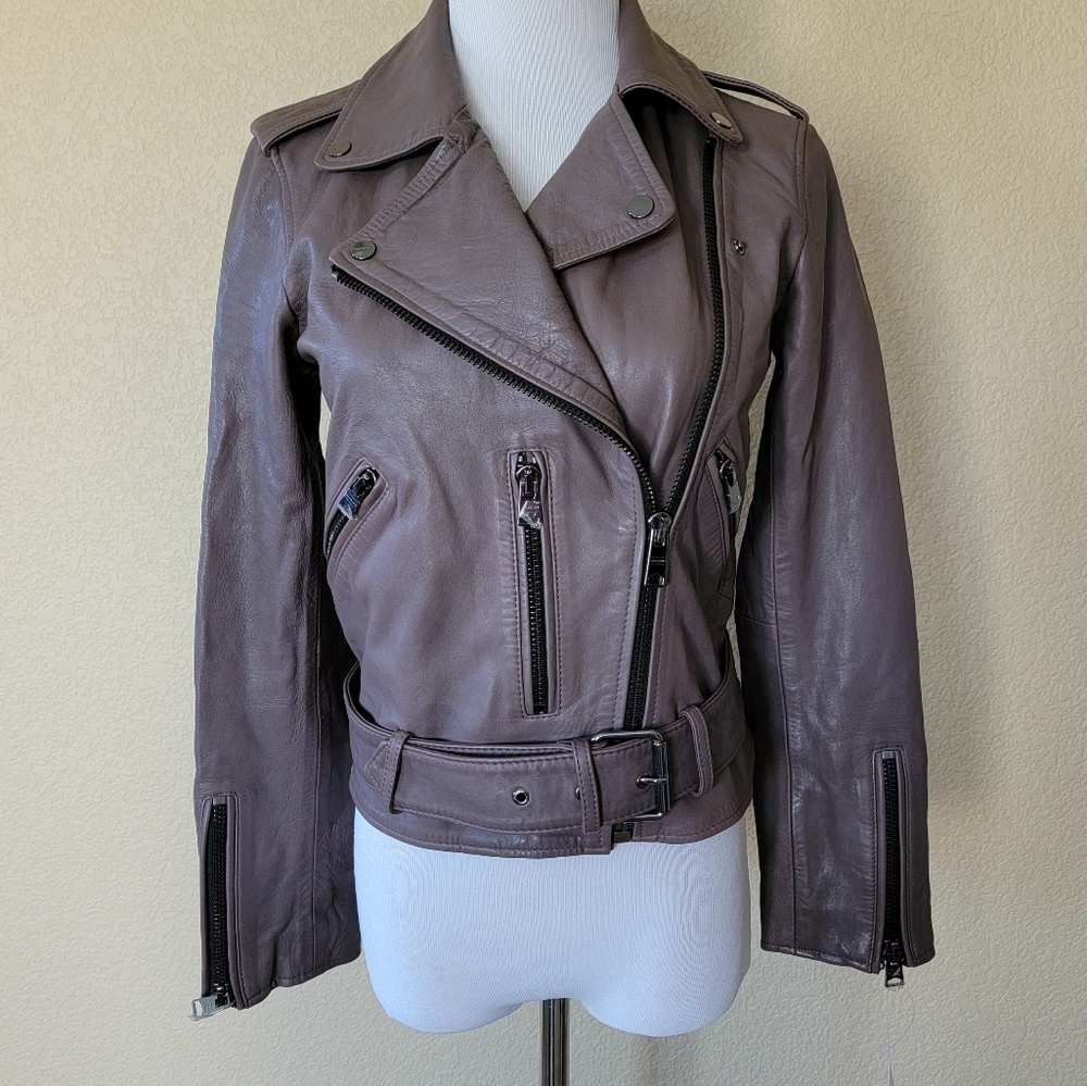 AllSaints Balfern Leather Biker Jacket in Petrol, Size 4